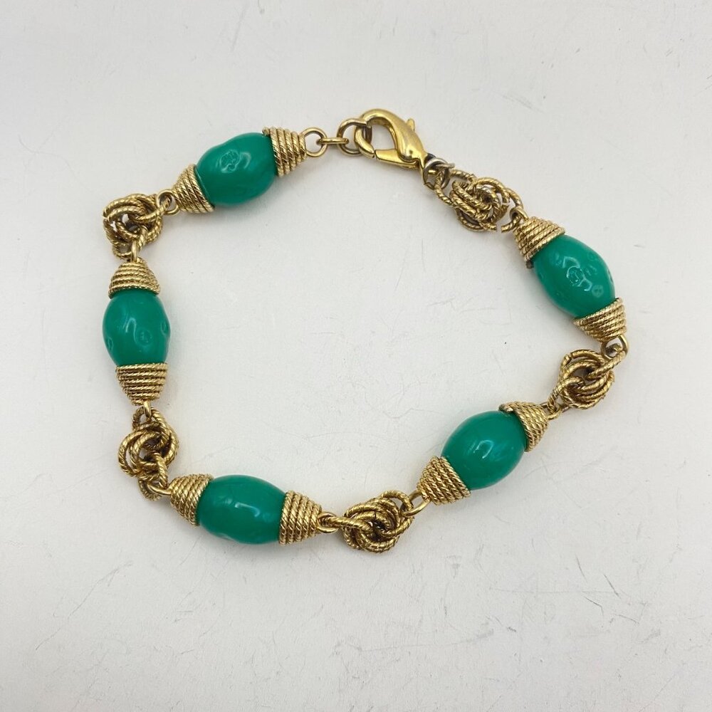 Vintage Bracelet Gold Wire Wrapped Green Glass Bead Knot Accent Lobster Clasp - Picture 1 of 9